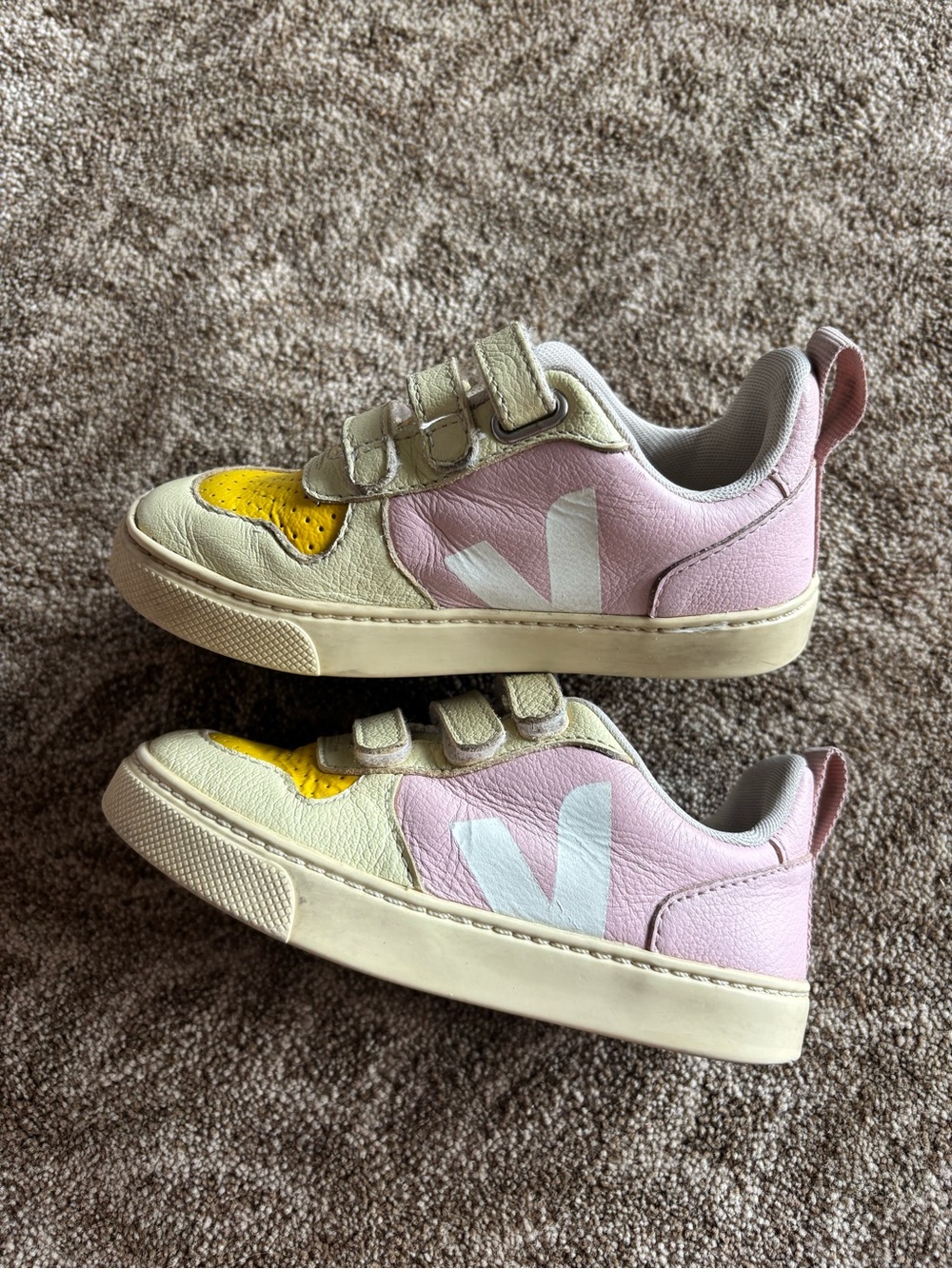 Veja Kids Velcro Sneakers in Pink, Yellow & Cream